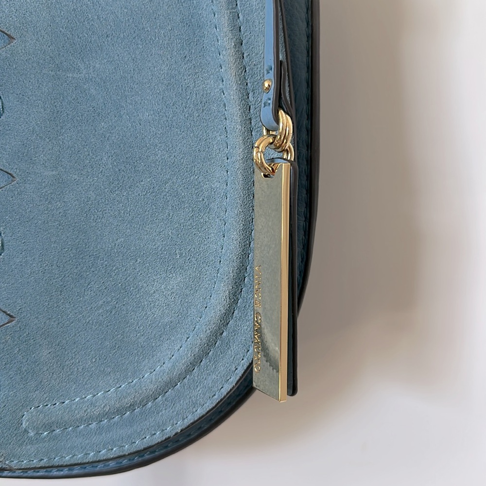 Vince Camuto “Ancel Suede Crossbody Bag” Icy Blue Boho Saddle Bag - Picture 5 of 14
